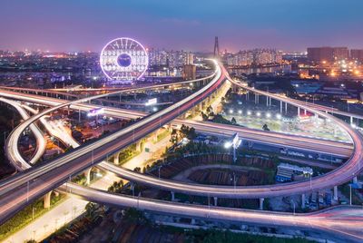 High angle view of traffic on highway at night