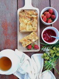 High angle view of breakfast served on table