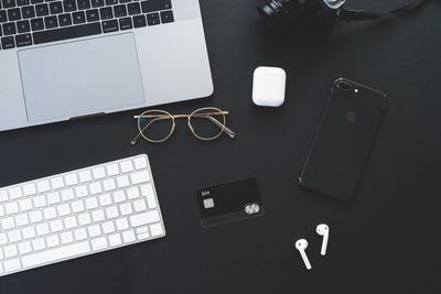 High angle view of various objects on table