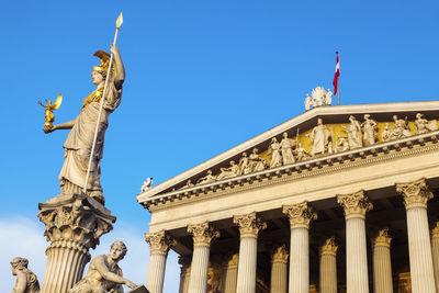 Low angle view of statue against clear blue sky