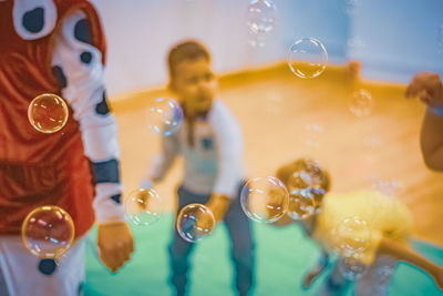 High angle view of people in glass