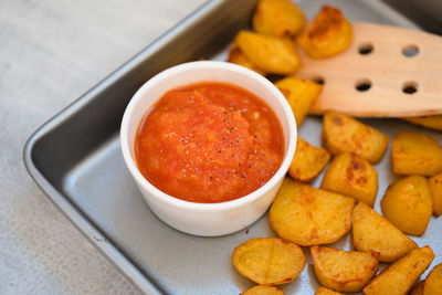 High angle view of food in container on table