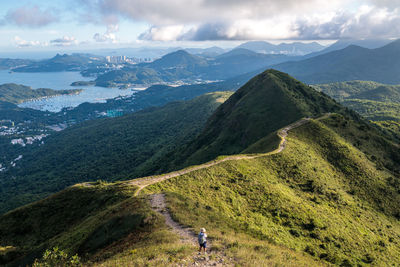 Aerial view of mountain range against sky