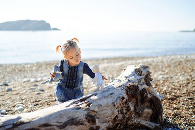 Portrait of young woman sitting on rock at beach