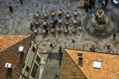 High angle view of street and buildings