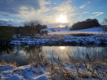 Scenic view of frozen lake against sky during winter