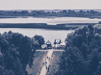 High angle view of road by sea against sky