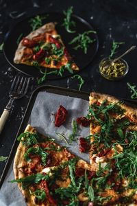 High angle view of food served on table