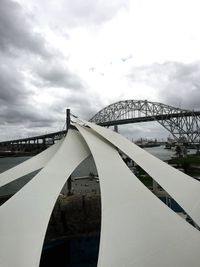 Suspension bridge against cloudy sky