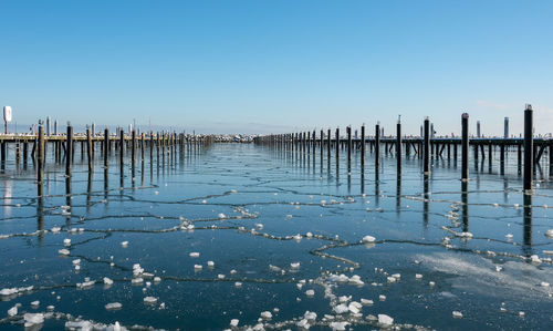 The marina at the ostseebad grömitz on the baltic sea frozen over in winter
