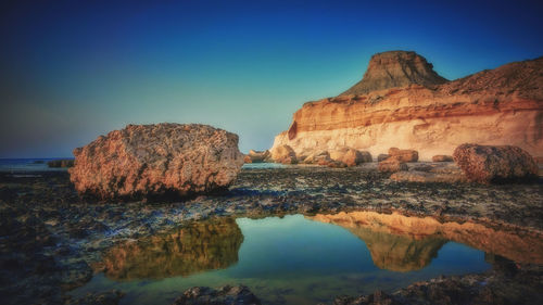 Rock formations in water against clear blue sky