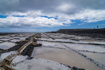 Scenic view of salt pans against sky