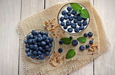 High angle view of fruits in bowl on table