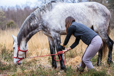 Horses running on field