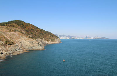 Scenic view of sea against blue sky