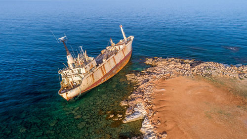 High angle view of sailboat on sea