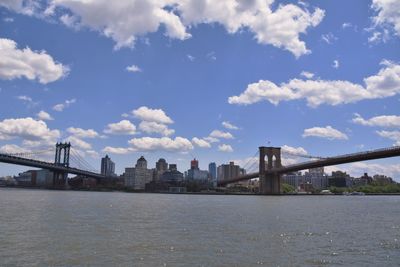 Bridge over river with buildings in background