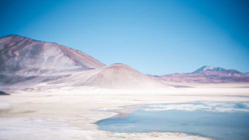 Scenic view of snowcapped mountains against clear blue sky