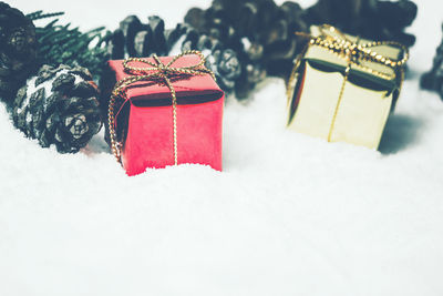 Gift boxes on fake snow during christmas