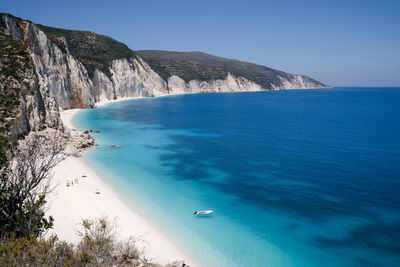 High angle view of beach against clear blue sky