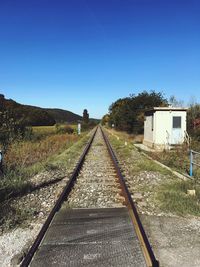 Railroad tracks against clear blue sky