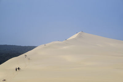 Rear view of people at dune of pilat against clear sky