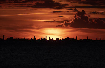 Silhouette of city at sunset