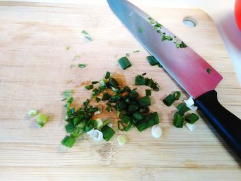 High angle view of food on wooden table