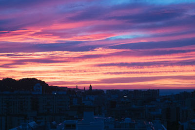 High angle view of buildings against sky during sunset