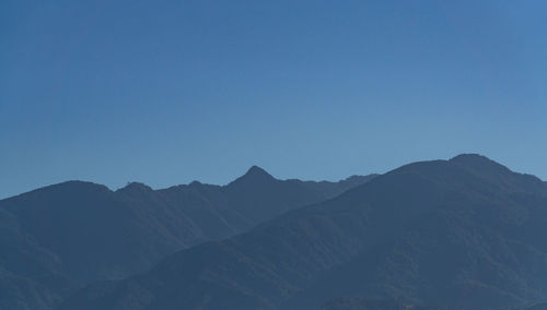 Scenic view of mountains against clear blue sky