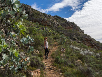 Young  woman standing by tree on walking trail in cederberg mountains, south africa