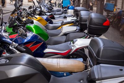 High angle view of motorcycles in parking lot