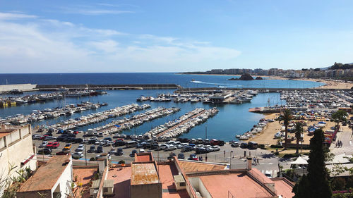 High angle view of marina at harbor