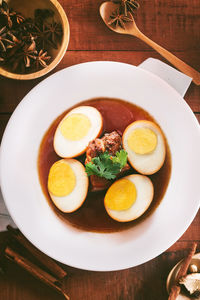 High angle view of breakfast served on table