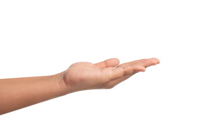 Close-up of person hand against white background