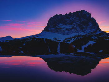 Scenic view of snowcapped mountains against sky during sunset