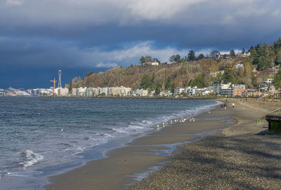 A view of alki beach in west seattle, washington. the month is february.