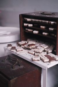 High angle view of old books on table