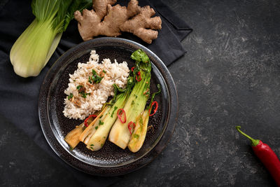 High angle view of food in plate on table