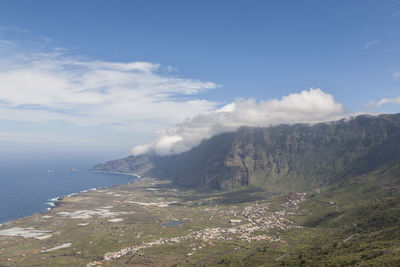 Scenic view of sea and mountains against sky