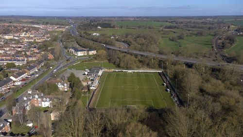 An aerial view of greens meadow, home of stowmarket town football club in suffolk, uk