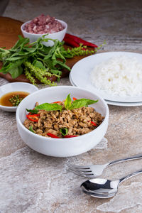 High angle view of meal served on table