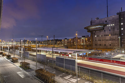 High angle view of cityscape with trains