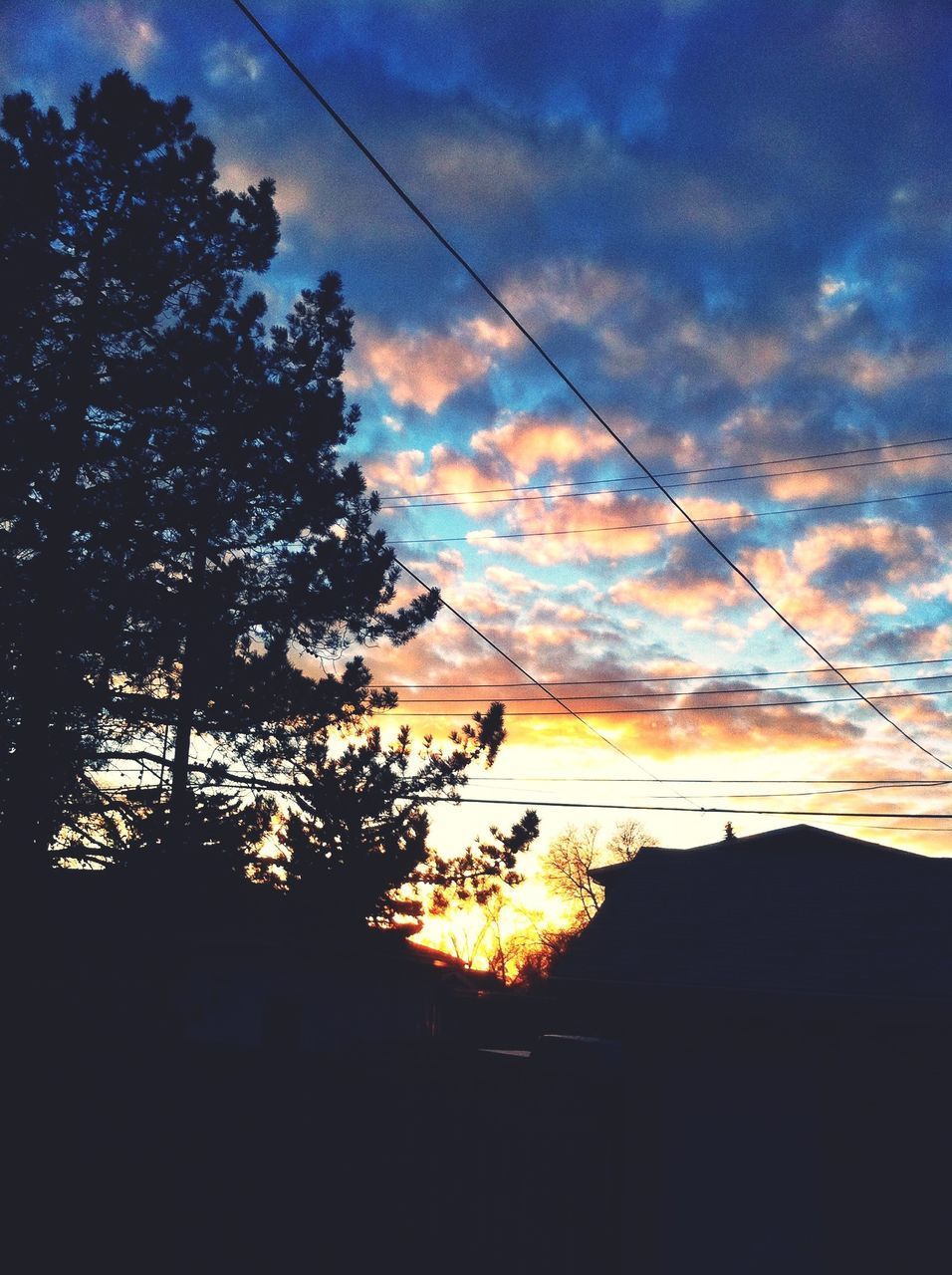 sunset, silhouette, sky, cloud - sky, orange color, power line, tree, beauty in nature, scenics, cloud, tranquility, tranquil scene, electricity pylon, nature, built structure, dramatic sky, idyllic, building exterior, cloudy, moody sky