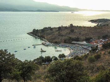 High angle view of bay against sky