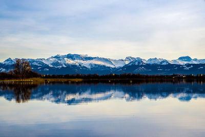 Scenic view of lake by snowcapped mountains against sky