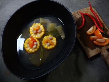 High angle view of fruits in bowl on table