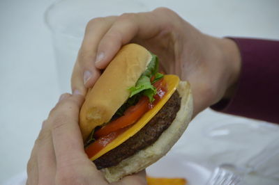 Close-up of person hand holding hamburger