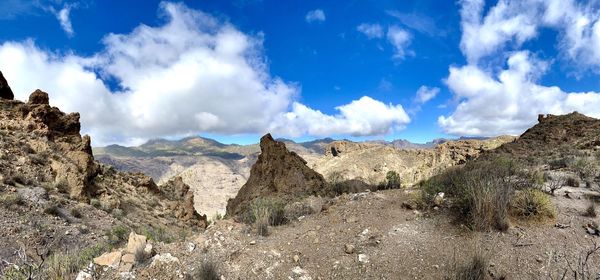 Panoramic view of landscape and mountains against sky