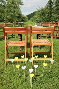 Chairs on field against trees in park